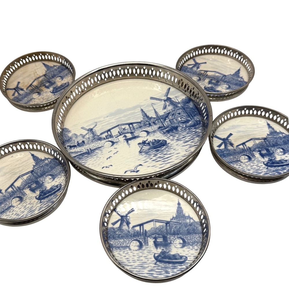 Vtg STERNAUWARE NEW YORK 6 Pc Coaster Set DELFT Blue Windmill Tray Metal Holders - Picture 9 of 11